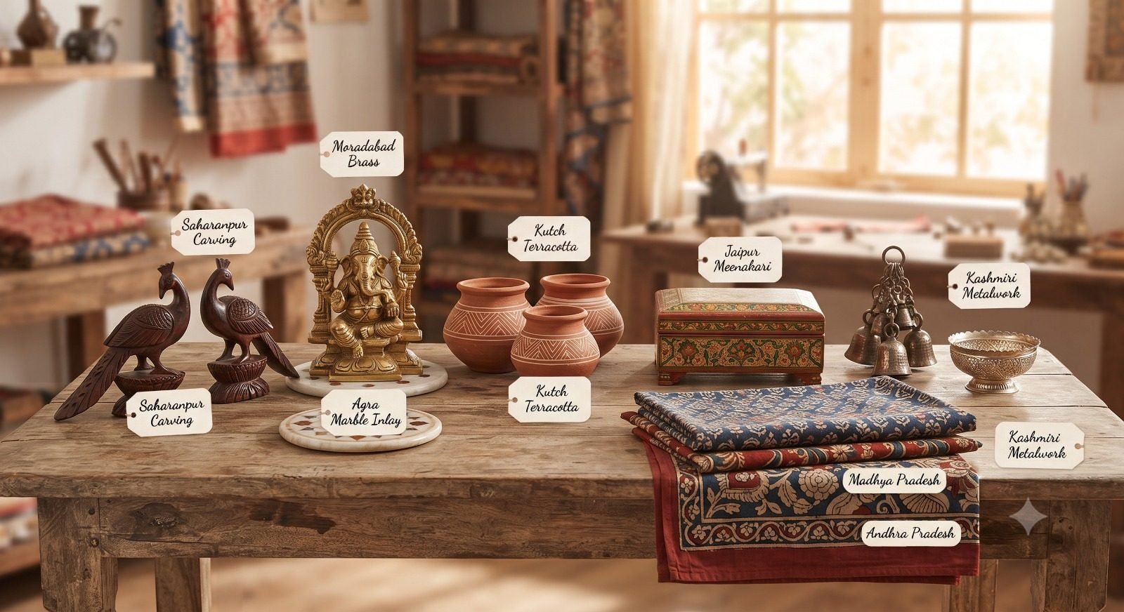 Handicrafts — Moradabad brass, Saharanpur carving, Agra marble inlay